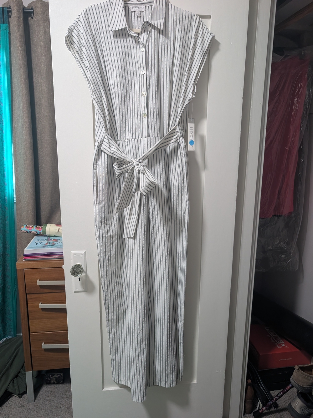 Luxology White Maxi Shirt Dress with Thin Gray Stripes and Tie Waist